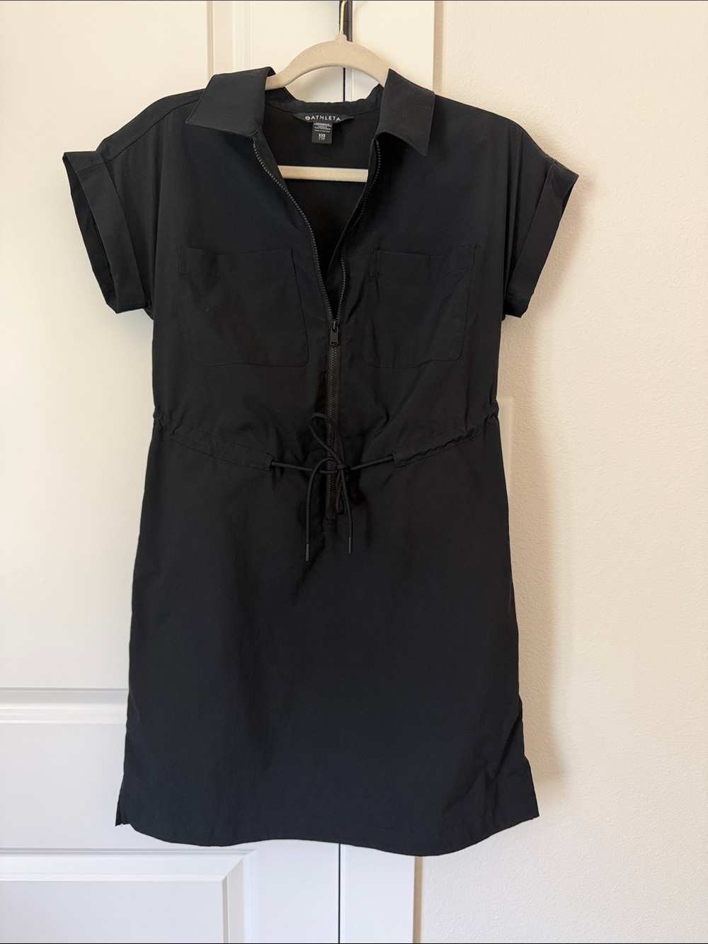 Athleta Black Short Sleeve Zip-Front Drawstring Dress